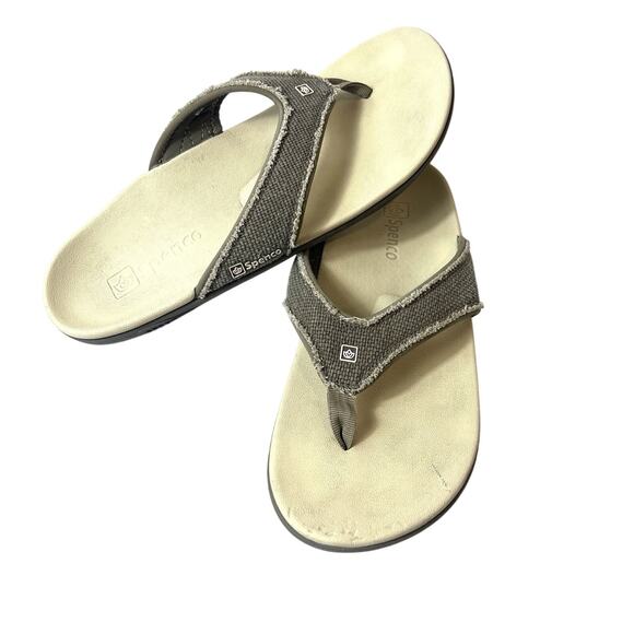 Spenco Mens Size 12 Outdoor Thong Summer beach Sandals Arch Support Brown Canvas - Picture 1 of 12